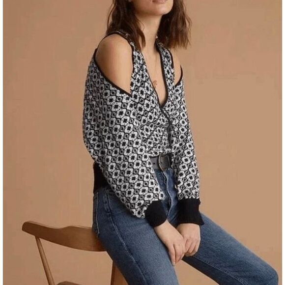 Anthropologie Maeve Geometric Knit Sweater Vest Shrug Set Large Black White Larg - Picture 2 of 14